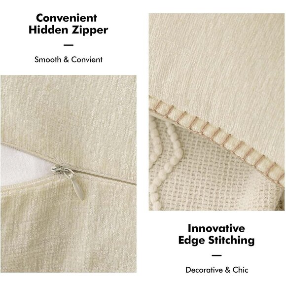 Pack of 2 Cream White Chenille Throw Pillow Covers 20x20 Farmhouse Stitched Edge - Picture 3 of 6